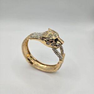 Gold-Tone Rhinestone Panther Jaguar Head Hinge Bracelet Magnetic Closure